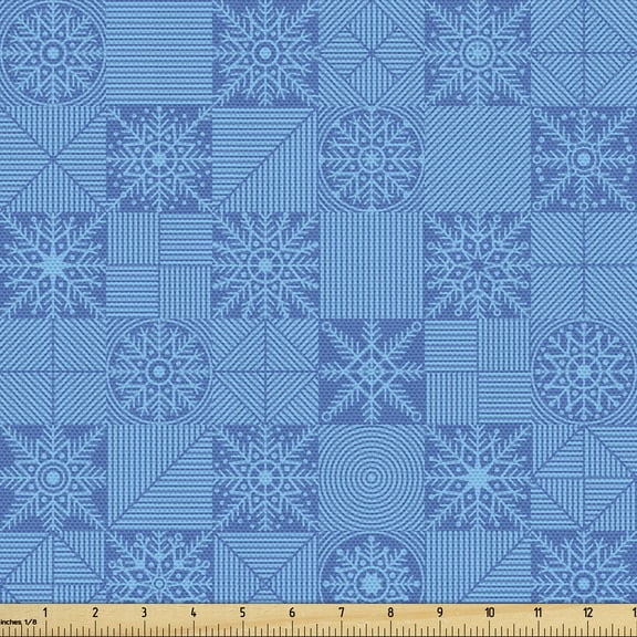 Ambesonne Winter Fabric by the Yard Upholstery, Geometric Striped Snowflakes, 1 Yard, Azure Blue Deep Sky Blue