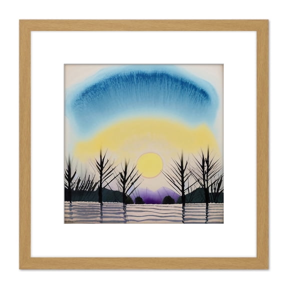 Winter Soft Dreamy Ethereal Landscape Sunset Sunrise Tree Silhouette Watercolour Painting Square Wooden Framed Wall Art Print Picture 8X8 Inch