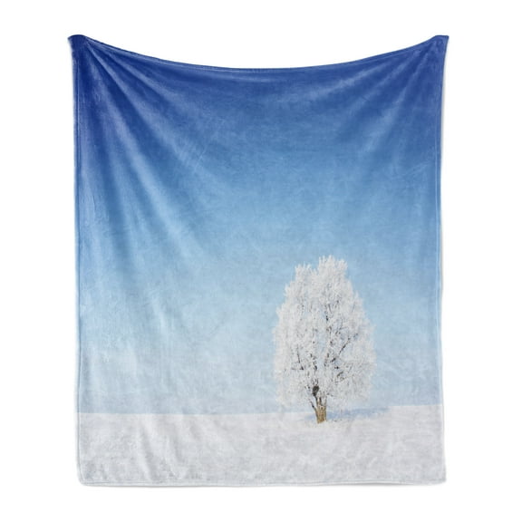 Winter Soft Flannel Fleece Blanket, Alone Winter Life of Tree in Snowy Environment Cold Lands Peace Tranquility Concept, Cozy Plush for Indoor and Outdoor Use, 50" x 70", White Blue, by Ambesonne
