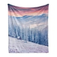 thumbnail image 1 of Winter Soft Flannel Fleece Blanket, Calm Scenic Sunrise Scenery in the Carpathian Mountains Countryside Environment, Cozy Plush for Indoor and Outdoor Use, 50" x 60", Pink Blue White, by Ambesonne, 1 of 6