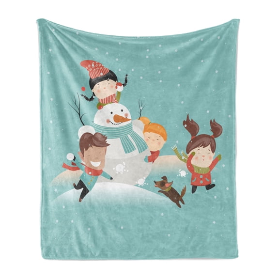 Winter Soft Flannel Fleece Blanket, Cartoon of Kids with Dog Having Fun Playing Snowball Fight Snowman Happiness Print, Cozy Plush for Indoor and Outdoor Use, 60" x 80", Multicolor, by Ambesonne