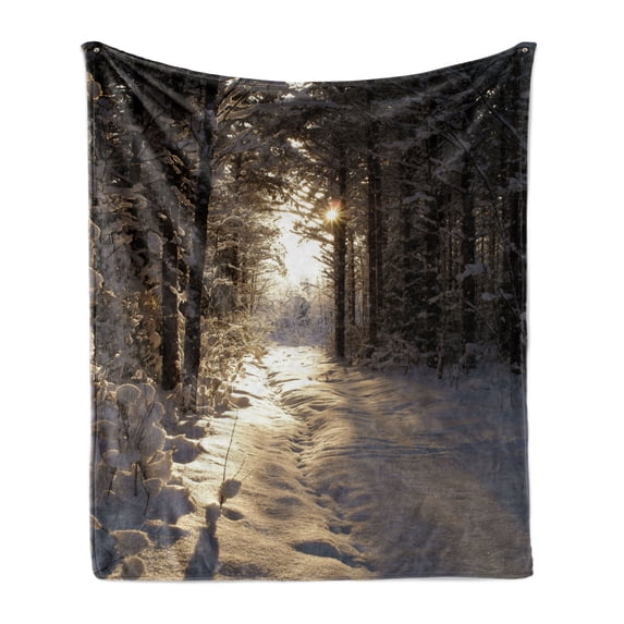 Winter Soft Flannel Fleece Blanket, Christmas Season with Snow and Frozen Forest Sun Rays Very Cold Woods Scenery, Cozy Plush for Indoor and Outdoor Use, 50" x 70", Brown Pale Yellow, by Ambesonne