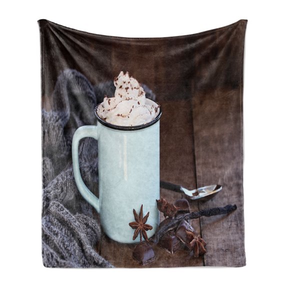 Winter Soft Flannel Fleece Blanket, Cozy Scene of a Cup of Hot Cocoa for Christmas with Whipped Cream on Top, Cozy Plush for Indoor and Outdoor Use, 50" x 60", Brown and Multicolor, by Ambesonne