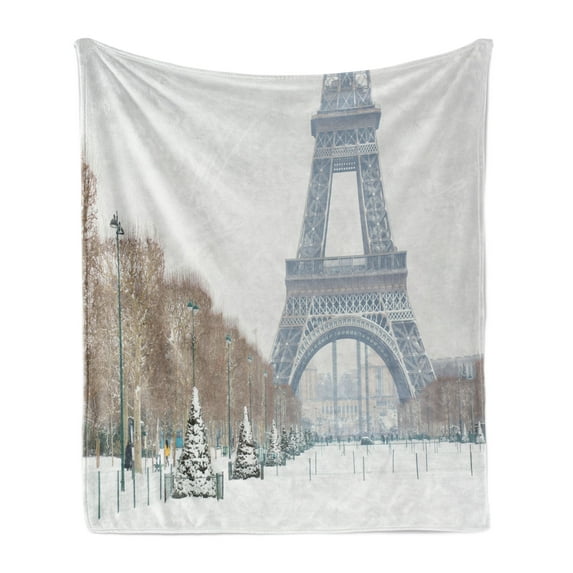 Winter Soft Flannel Fleece Blanket, Eiffel Tower in Snow Outdoors Champ de Mars Tourist Attraction Paris France, Cozy Plush for Indoor and Outdoor Use, 60" x 80", White Brown Green, by Ambesonne
