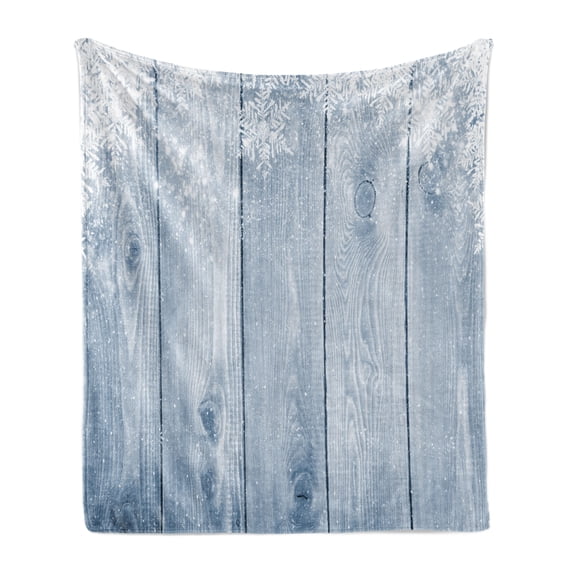 Winter Soft Flannel Fleece Blanket, Frozen Wooden Texture Snowflakes Rustic Inspirations Grunge Retro Designed Print, Cozy Plush for Indoor and Outdoor Use, 60" x 80", Bluegrey White, by Ambesonne