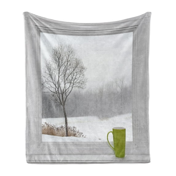 Winter Soft Flannel Fleece Blanket, Green Teacup on Windowsill Forest Outdoors Snowstorm Scenic Countryside, Cozy Plush for Indoor and Outdoor Use, 50" x 60", Apple Green Beige White, by Ambesonne