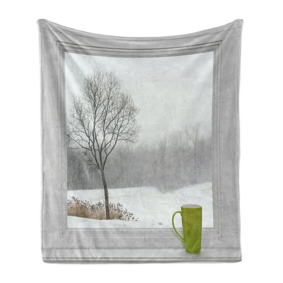 Winter Soft Flannel Fleece Blanket, Green Teacup on Windowsill Forest Outdoors Snowstorm Scenic Countryside, Cozy Plush for Indoor and Outdoor Use, 70" x 90", Apple Green Beige White, by Ambesonne