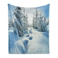 thumbnail image 1 of Winter Soft Flannel Fleece Blanket, Winter Landscape with Forest and Blue Sky Frosted Trees Footprints Seasonal Nature, Cozy Plush for Indoor and Outdoor Use, 50" x 70", Blue White, by Ambesonne, 1 of 6