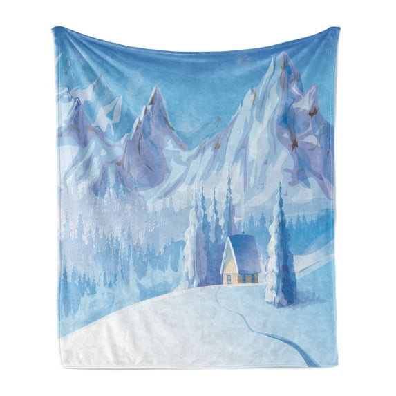 Winter Soft Flannel Fleece Blanket, Little House Below the Majestic Mountains in the Winter Ice Blizzard Frozen Cold Weather, Cozy Plush for Indoor and Outdoor Use, 50" x 70", Blue, by Ambesonne