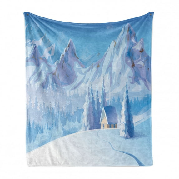 Winter Soft Flannel Fleece Blanket, Little House Below the Majestic Mountains in the Winter Ice Blizzard Frozen Cold Weather, Cozy Plush for Indoor and Outdoor Use, 60" x 80", Blue, by Ambesonne