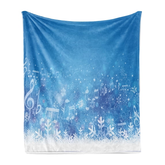 Winter Soft Flannel Fleece Blanket, Music Inspired Winter Imagery Notes and Snowflakes Illustration Seasonal Image, Cozy Plush for Indoor and Outdoor Use, 60" x 80", Blue White Lilac, by Ambesonne
