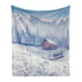 thumbnail image 1 of Winter Soft Flannel Fleece Blanket, Old Farmhouse in Snow Mountains and Frosted Forest Rustic Life Photography, Cozy Plush for Indoor and Outdoor Use, 50" x 70", Caramel White Blue, by Ambesonne, 1 of 6