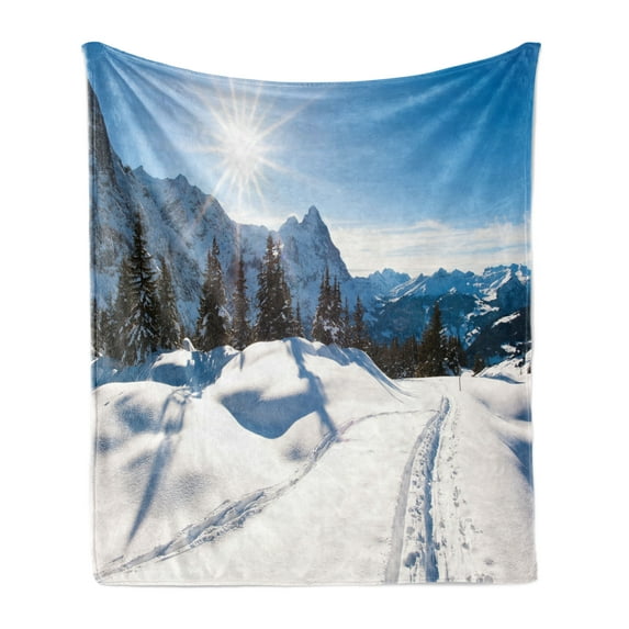 Winter Soft Flannel Fleece Blanket, Panoramic Winter Scenery on Snow Covered Mountain with Sunny Weather and Trees Photo, Cozy Plush for Indoor and Outdoor Use, 50" x 60", White Blue, by Ambesonne