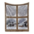 thumbnail image 1 of Winter Soft Flannel Fleece Blanket, Rustic Snowy Woodsy Frame Window View Print Mountain House Cold Christmas Day, Cozy Plush for Indoor and Outdoor Use, 70" x 90", White and Khaki, by Ambesonne, 1 of 6