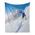 thumbnail image 1 of Winter Soft Flannel Fleece Blanket, Skier Skiing Downhill in High Mountains Extreme Winter Sports Hobby Activity, Cozy Plush for Indoor and Outdoor Use, 50" x 70", Blue White Yellow, by Ambesonne, 1 of 6