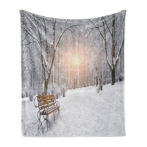 Winter Soft Flannel Fleece Blanket, Snowy Leafless Trees and Benches in the City Park Sunset Woodland Outdoors, Cozy Plush for Indoor and Outdoor Use, 60" x 80", Umber White Orange, by Ambesonne
