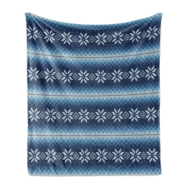 Winter Soft Flannel Fleece Blanket, Traditional Scandinavian Needlework Inspired Pattern Jacquard Flakes Knitting Theme, Cozy Plush for Indoor and Outdoor Use, 50" x 60", Blue White, by Ambesonne
