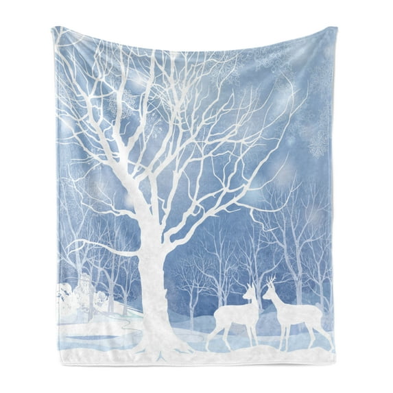 Winter Soft Flannel Fleece Throw Blanket, Abstract Winter Imagery with Snowy Weather Deer and Other Animals Seasonal Theme, Cozy Plush for Indoor and Outdoor Use, 70" x 90", Blue White, by Ambesonne