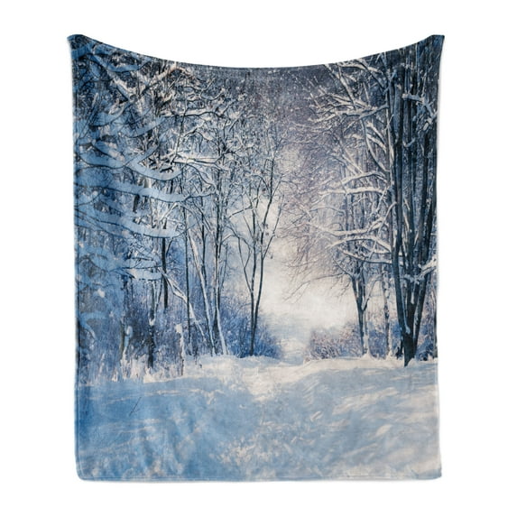Winter Soft Flannel Fleece Throw Blanket, Alley in Snowy Forest Cold Freezing Weather Rural Nature Outdoors Woodland, Cozy Plush for Indoor and Outdoor Use, 70" x 90", Blue Black White, by Ambesonne