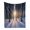 thumbnail image 1 of Winter Soft Flannel Fleece Throw Blanket, Appearance of Sunset in Woodlands with Freezing Idyllic Nature Scenery, Cozy Plush for Indoor and Outdoor Use, 60" x 80", Brown White, by Ambesonne, 1 of 6