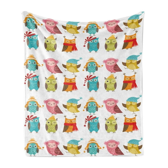 Winter Soft Flannel Fleece Throw Blanket, Cartoon Style Funny Owls Characters Hats and Scarf Colorful Birdies Pattern, Cozy Plush for Indoor and Outdoor Use, 50" x 70", Multicolor, by Ambesonne