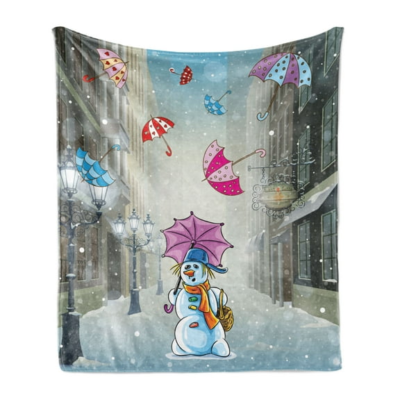 Winter Soft Flannel Fleece Throw Blanket, Childish Cartoon Image with Snowman and Colorful Umbreallas Between Buildings, Cozy Plush for Indoor and Outdoor Use, 50" x 70", Multicolor, by Ambesonne