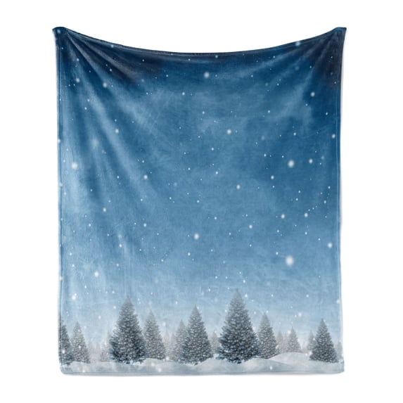 Winter Soft Flannel Fleece Throw Blanket, Christmas Inspired Cold Blue Forest of Pine Trees on a Snowing Holiday Night Sky, Cozy Plush for Indoor and Outdoor Use, 70" x 90", Blue White, by Ambesonne