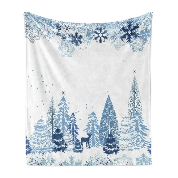 Winter Soft Flannel Fleece Throw Blanket, Cold Scene Deer Frozen Trees and Snow Christmas Season Pine Trees Bushes, Cozy Plush for Indoor and Outdoor Use, 50" x 70", Blue White, by Ambesonne