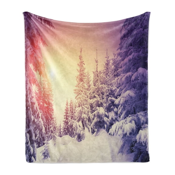 Winter Soft Flannel Fleece Throw Blanket, Dramatic Wintry Scene Idyllic Landscape with Rising Sun Natural Park Retro Effect, Cozy Plush for Indoor and Outdoor Use, 60" x 80", Multicolor, by Ambesonne