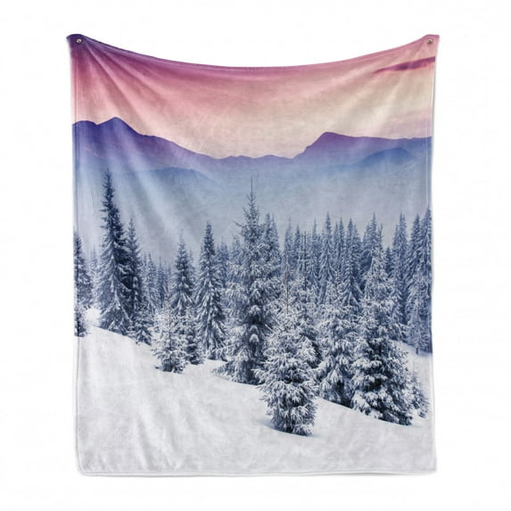 Winter Soft Flannel Fleece Throw Blanket, Dreamy Evening Landscape Dramatic Sky and Snow Covered Trees Ski Holiday Season, Cozy Plush for Indoor and Outdoor Use, 70" x 90", Multicolor, by Ambesonne