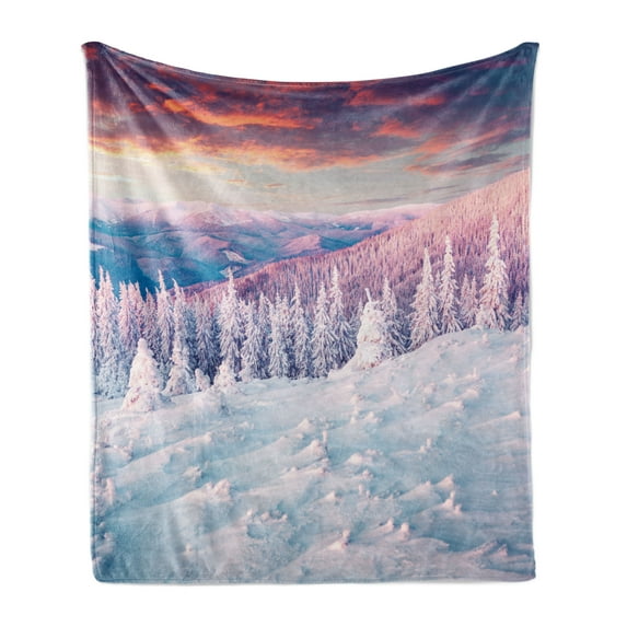 Winter Soft Flannel Fleece Throw Blanket, European Snowy Mountains Pine Forest with Sky Colors Overcast Windy Fresh Image, Cozy Plush for Indoor and Outdoor Use, 70" x 90", White Pink, by Ambesonne