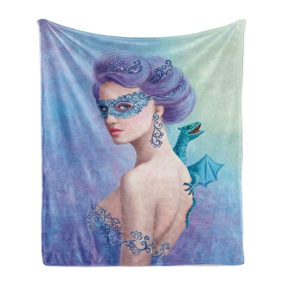 Winter Soft Flannel Fleece Throw Blanket, Fantasy Snow Queen in with Dragon Illustration Print, Cozy Plush for Indoor and Outdoor Use, 60" x 80", Violet Blue Pale Green, by Ambesonne