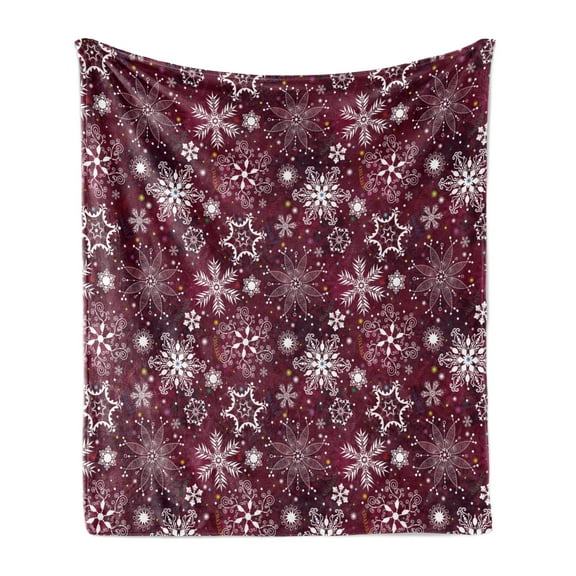 Winter Soft Flannel Fleece Throw Blanket, Floral Flakes with Colorful Swirls Dots and Stars Xmas Party, Cozy Plush for Indoor and Outdoor Use, 70" x 90", Maroon White Multicolor, by Ambesonne