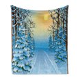 thumbnail image 1 of Winter Soft Flannel Fleece Throw Blanket, Forest View Graphic Display Print with Snowy Path Between Trees and Sun on Sky, Cozy Plush for Indoor and Outdoor Use, 70" x 90", Blue Yellow, by Ambesonne, 1 of 5