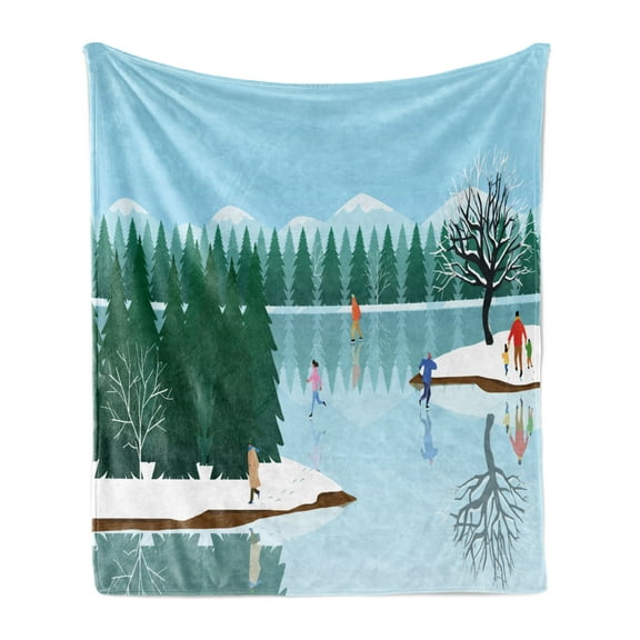 Winter Soft Flannel Fleece Throw Blanket, Frozen Lake Christmas Holiday Ice Skating Illustration Urban Activity Composition, Cozy Plush for Indoor and Outdoor Use, 50" x 70", Multicolor, by Ambesonne