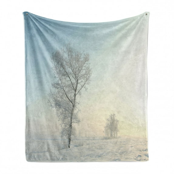 Winter Soft Flannel Fleece Throw Blanket, Frozen Tree on Sunny Winter Morning Rising Sun Landscape Deserted Land, Cozy Plush for Indoor and Outdoor Use, 70" x 90", Pale Blue Cream White, by Ambesonne