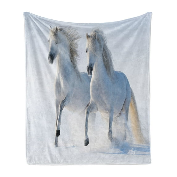 Winter Soft Flannel Fleece Throw Blanket, Galloping Noble Horses on Snow Covered Field Purity Animals Theme, Cozy Plush for Indoor and Outdoor Use, 50" x 70", White, by Ambesonne