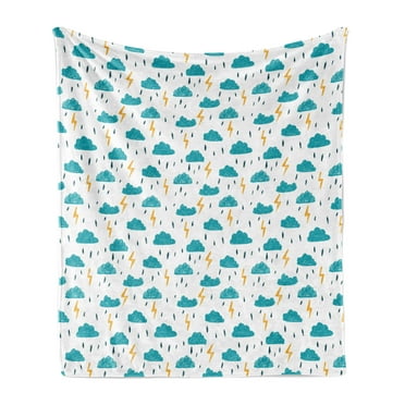 Winter Soft Flannel Fleece Throw Blanket, Hand Drawn Style Blue Clouds and Bolts Childish Drizzle Pattern, Cozy Plush for Indoor and Outdoor Use, 60" x 80", Turquoise Marigold, by Ambesonne