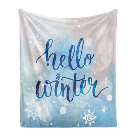 Winter Soft Flannel Fleece Throw Blanket, Hello Winter Lettering on Abstract Blurry Snowflakes Bokeh Effect, Cozy Plush for Indoor and Outdoor Use, 50" x 60", Blue Pale Pink White, by Ambesonne