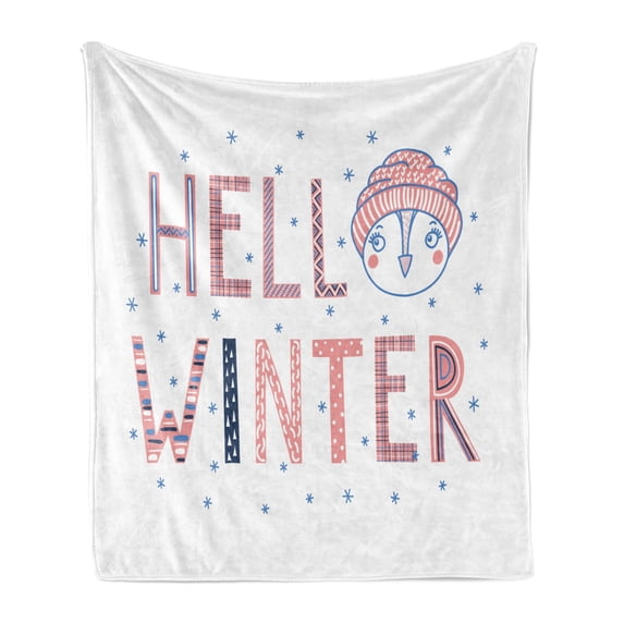 Winter Soft Flannel Fleece Throw Blanket, Hello Winter Typographic Text with Funny Face in a Hat Surrounded by Snowflakes, Cozy Plush for Indoor and Outdoor Use, 60" x 80", Multicolor, by Ambesonne