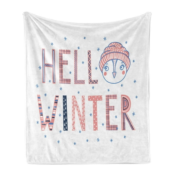 Winter Soft Flannel Fleece Throw Blanket, Hello Winter Typographic Text with Funny Face in a Hat Surrounded by Snowflakes, Cozy Plush for Indoor and Outdoor Use, 70" x 90", Multicolor, by Ambesonne