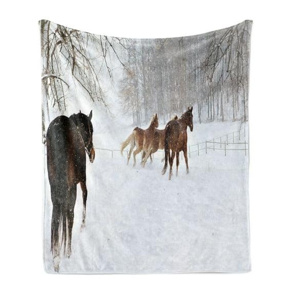 Winter Soft Flannel Fleece Throw Blanket, Horses in the Snow Playing Having Fun in the Forest Seasonal Animal Photography, Cozy Plush for Indoor and Outdoor Use, 60" x 80", Brown White, by Ambesonne