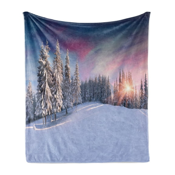 Winter Soft Flannel Fleece Throw Blanket, Idyllic Panorama of Winter Sunrise in Snow Covered Mountains Serenity Freshness, Cozy Plush for Indoor and Outdoor Use, 50" x 60", Multicolor, by Ambesonne