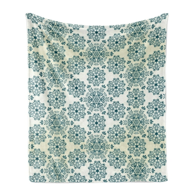Winter Soft Flannel Fleece Throw Blanket, Mandala Style Floral Round with Damask Elements Retro Graphic Ornaments, Cozy Plush for Indoor and Outdoor Use, 50" x 60", Teal Cream, by Ambesonne