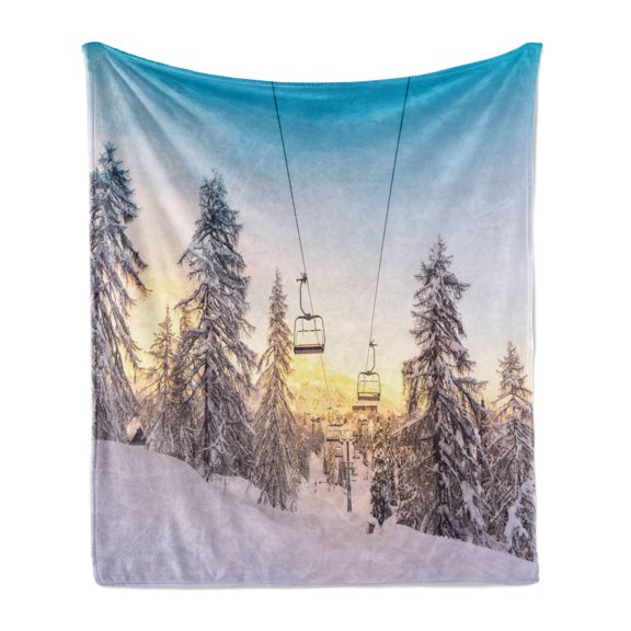 Winter Soft Flannel Fleece Throw Blanket, Mountains with Ski Slopes and Lifts near a Ski Center Wintersport Holiday Spots, Cozy Plush for Indoor and Outdoor Use, 50" x 60", Multicolor, by Ambesonne