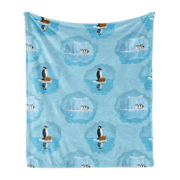 Winter Soft Flannel Fleece Throw Blanket, Natural Theme Penguins and Snow Glaciers Cold Polar Life, Cozy Plush for Indoor and Outdoor Use, 50" x 60", Sky Blue Dark Grey, by Ambesonne