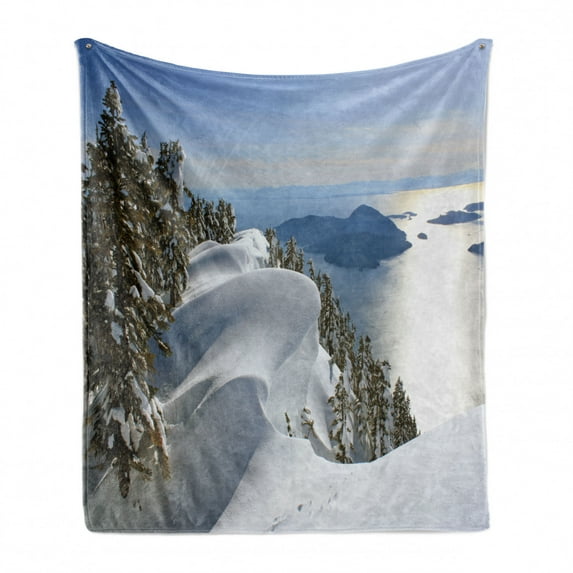 Winter Soft Flannel Fleece Throw Blanket, Pacific Ocean Meets the Mountains Vancouver British Columbia Canada, Cozy Plush for Indoor and Outdoor Use, 70" x 90", White Olive Green Blue, by Ambesonne