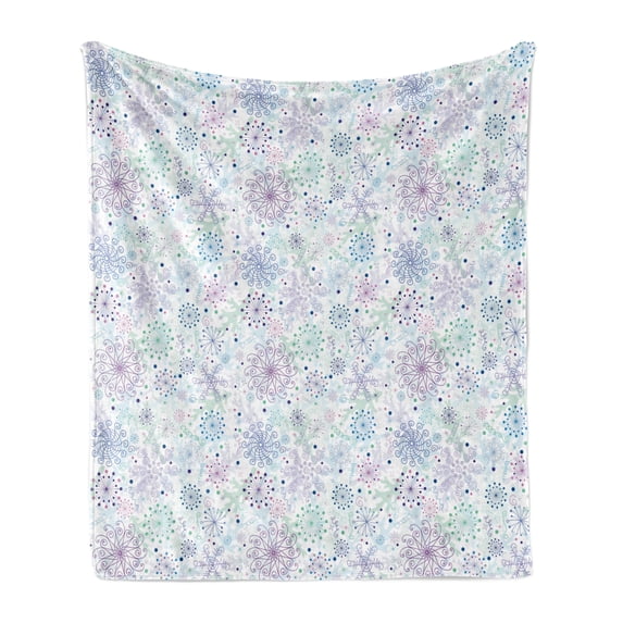 Winter Soft Flannel Fleece Throw Blanket, Pastel Colored Cheerful Composition Abstract Snowflakes and Curls, Cozy Plush for Indoor and Outdoor Use, 70" x 90", Blue Green Lavender, by Ambesonne
