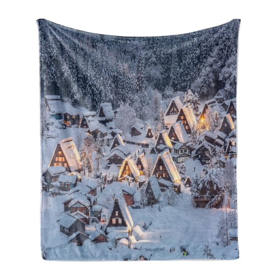 Winter Soft Flannel Fleece Throw Blanket, Shirakawago Historical Village Under Snow Gifu Chubu Region Japan Image, Cozy Plush for Indoor and Outdoor Use, 60" x 80", White Brown Black, by Ambesonne
