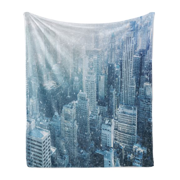 Winter Soft Flannel Fleece Throw Blanket, Snow in New York City Image Skyline with Urban Skyscrapers in Manhattan USA, Cozy Plush for Indoor and Outdoor Use, 50" x 70", White Pale Green, by Ambesonne
